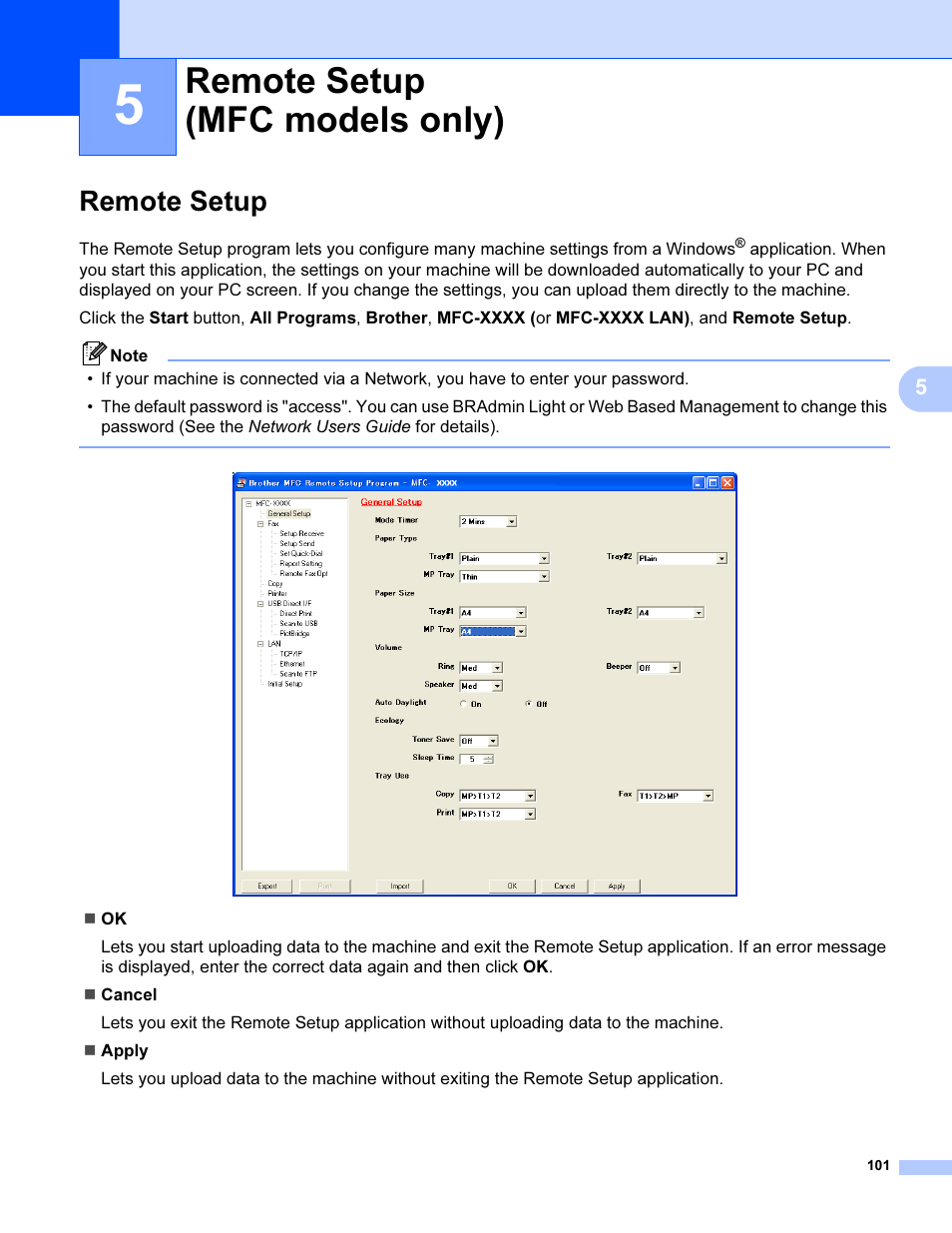 5 remote setup (mfc models only), Remote setup, Remote setup (mfc models only) | Brother MFC 9840CDW User Manual | Page 108 / 221