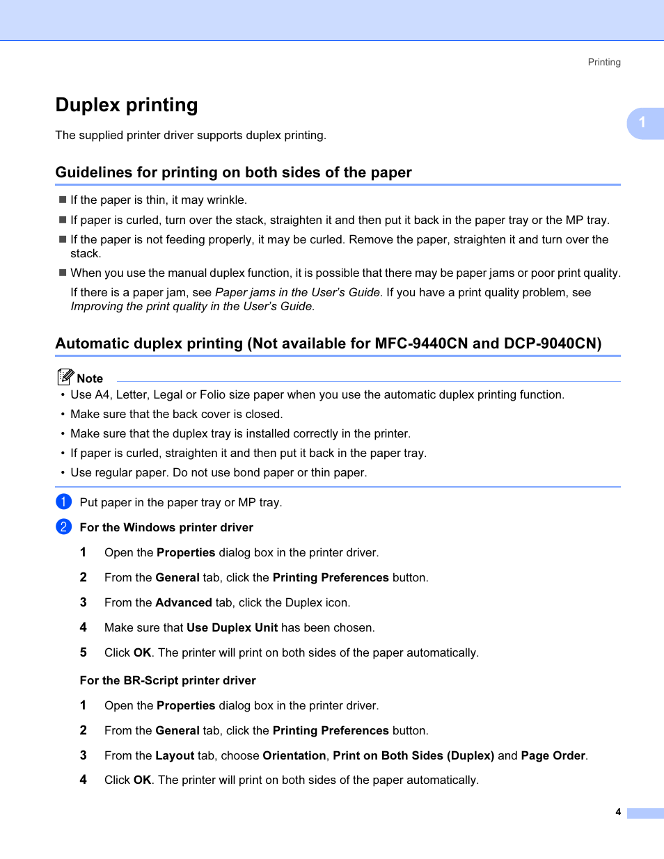 Duplex printing, Guidelines for printing on both sides of the paper | Brother MFC 9840CDW User Manual | Page 11 / 221