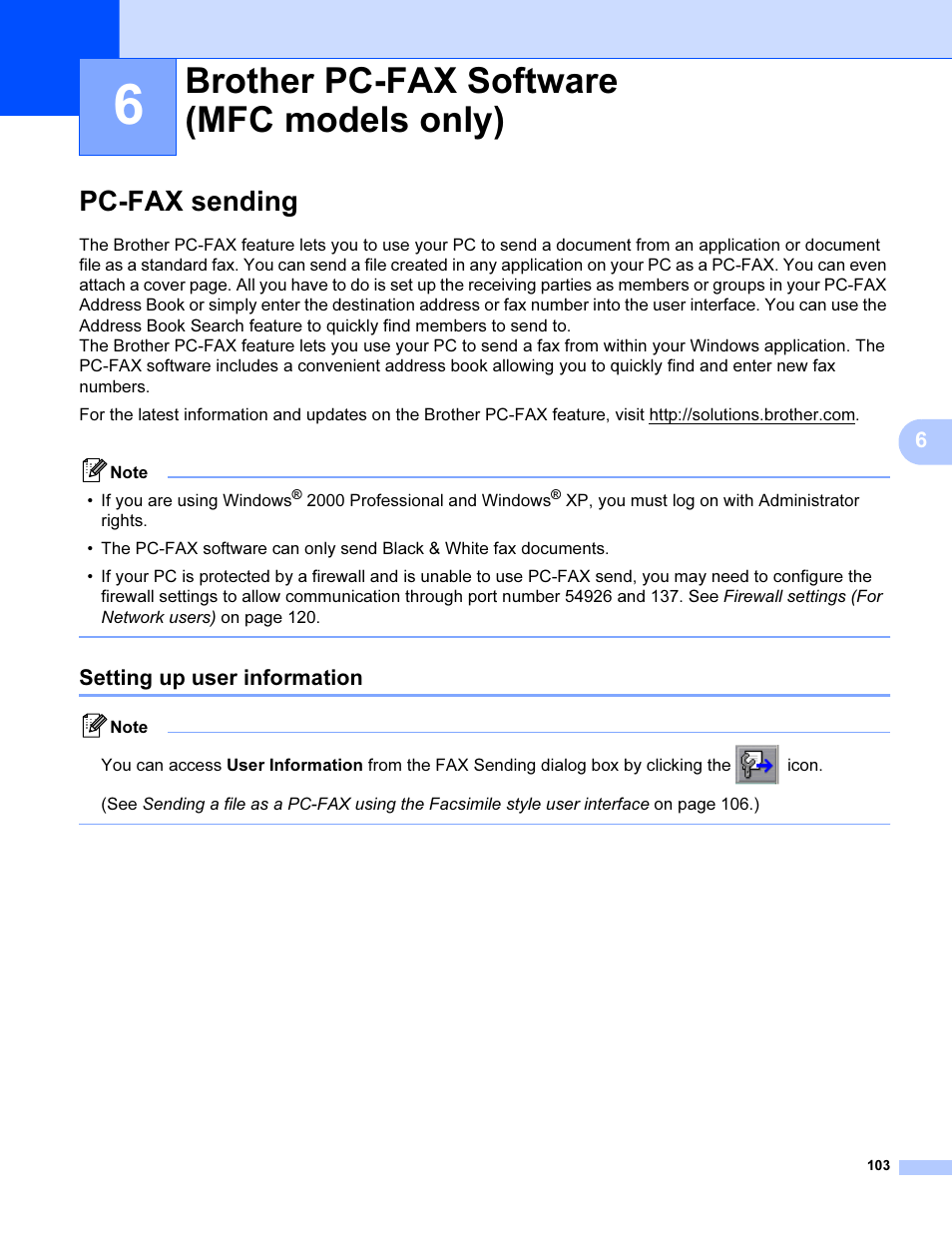 6 brother pc-fax software (mfc models only), Pc-fax sending, Setting up user information | Brother pc-fax software (mfc models only) | Brother MFC 9840CDW User Manual | Page 110 / 221