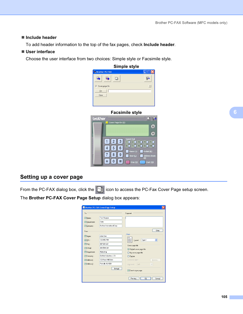 Setting up a cover page, Facsimile style | Brother MFC 9840CDW User Manual | Page 112 / 221