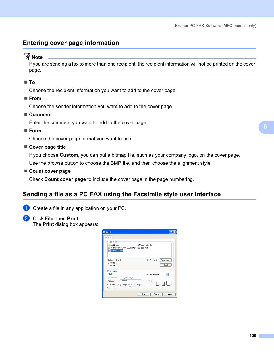 6entering cover page information, Sending a file as a pc, Fax using the facsimile style user interface | Brother MFC 9840CDW User Manual | Page 113 / 221
