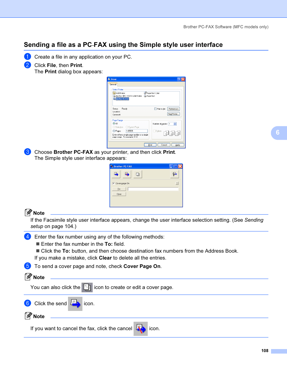 6sending a file as a pc, Fax using the simple style user interface | Brother MFC 9840CDW User Manual | Page 115 / 221