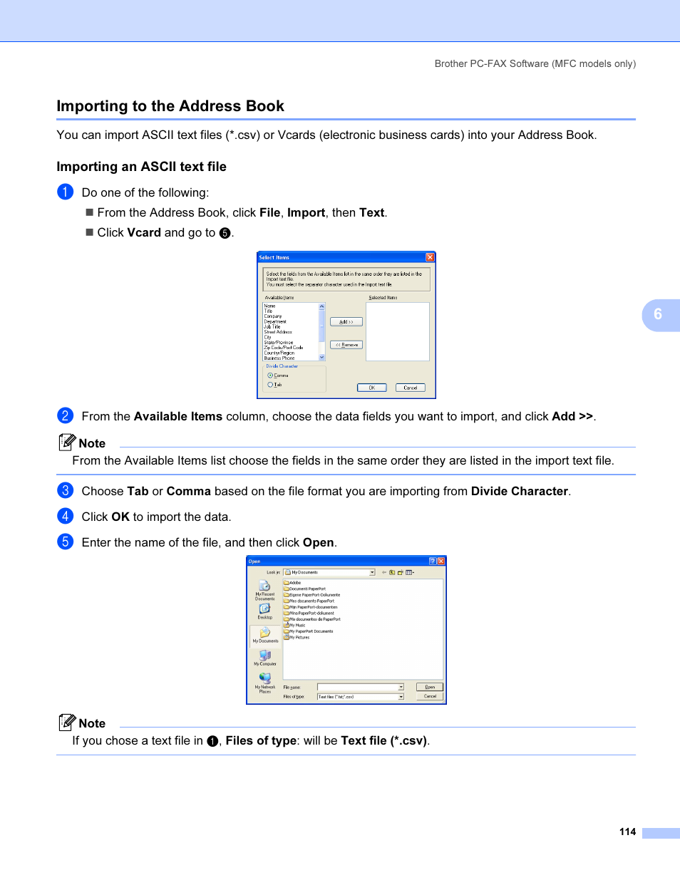 Importing to the address book, Importing an ascii text file, 6importing to the address book | Brother MFC 9840CDW User Manual | Page 121 / 221