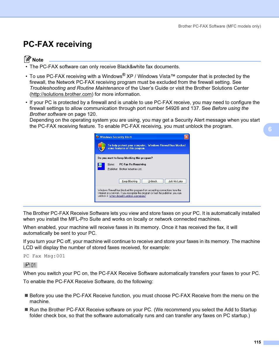 Pc-fax receiving | Brother MFC 9840CDW User Manual | Page 122 / 221