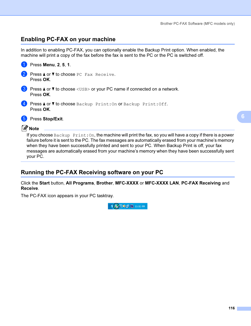 Enabling pc-fax on your machine, Running the pc-fax receiving software on your pc, 6enabling pc-fax on your machine | Brother MFC 9840CDW User Manual | Page 123 / 221