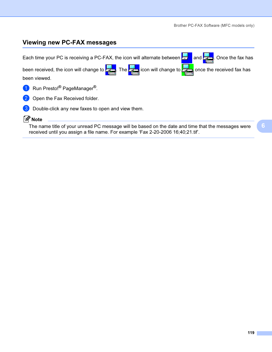 Viewing new pc-fax messages, 6viewing new pc-fax messages | Brother MFC 9840CDW User Manual | Page 126 / 221
