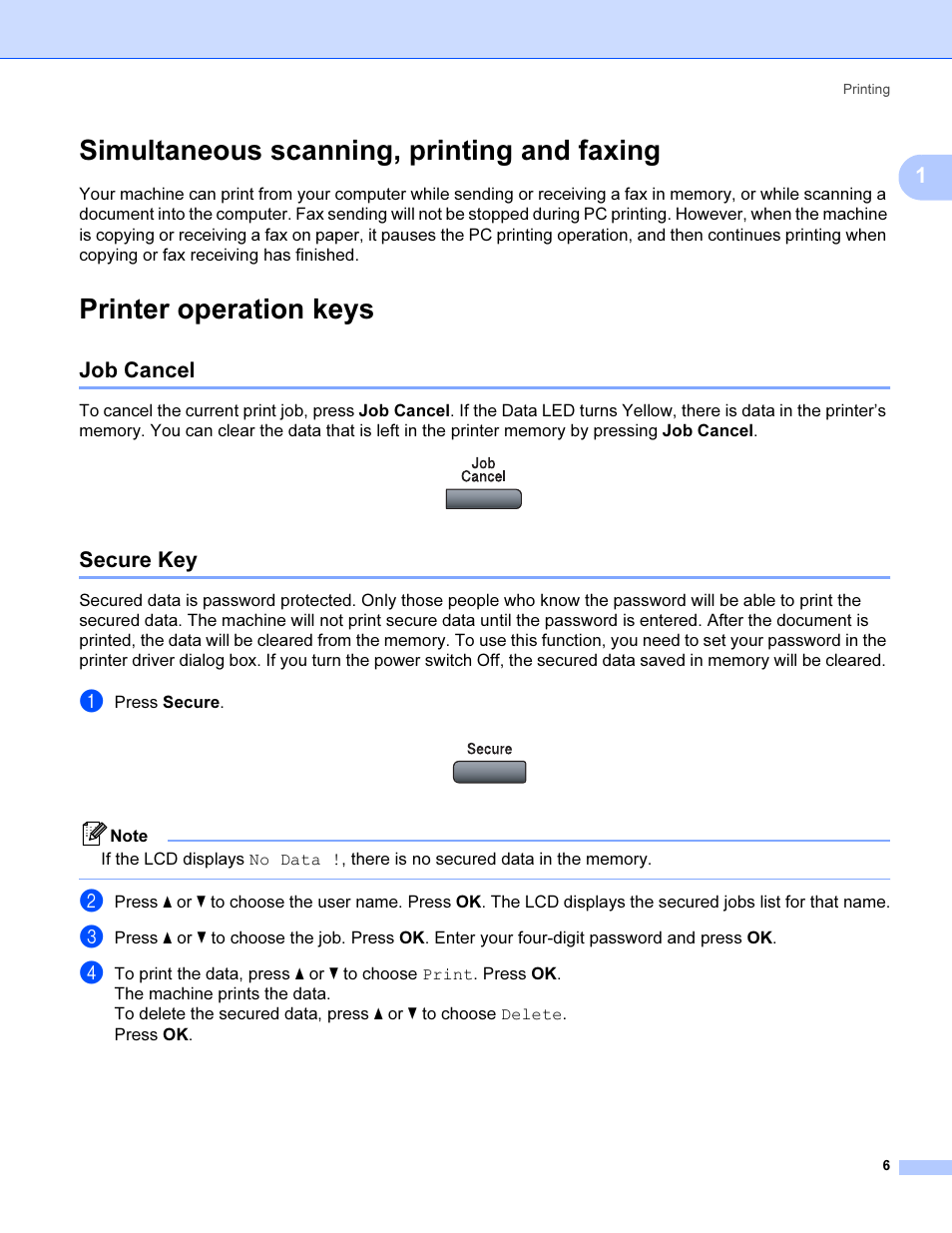 Simultaneous scanning, printing and faxing, Printer operation keys, Job cancel | Secure key, Job cancel secure key | Brother MFC 9840CDW User Manual | Page 13 / 221