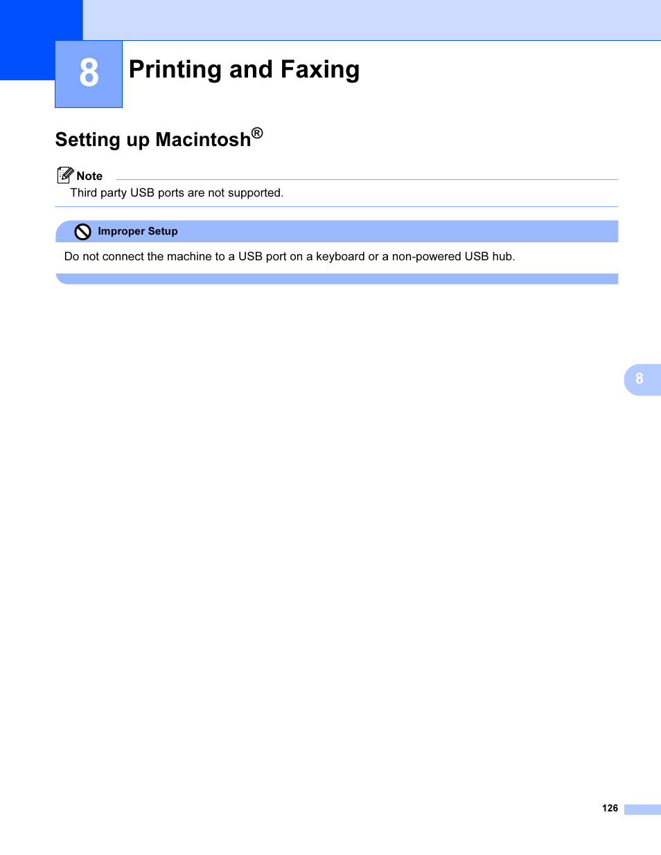 8 printing and faxing, Setting up macintosh, Printing and faxing | Brother MFC 9840CDW User Manual | Page 133 / 221
