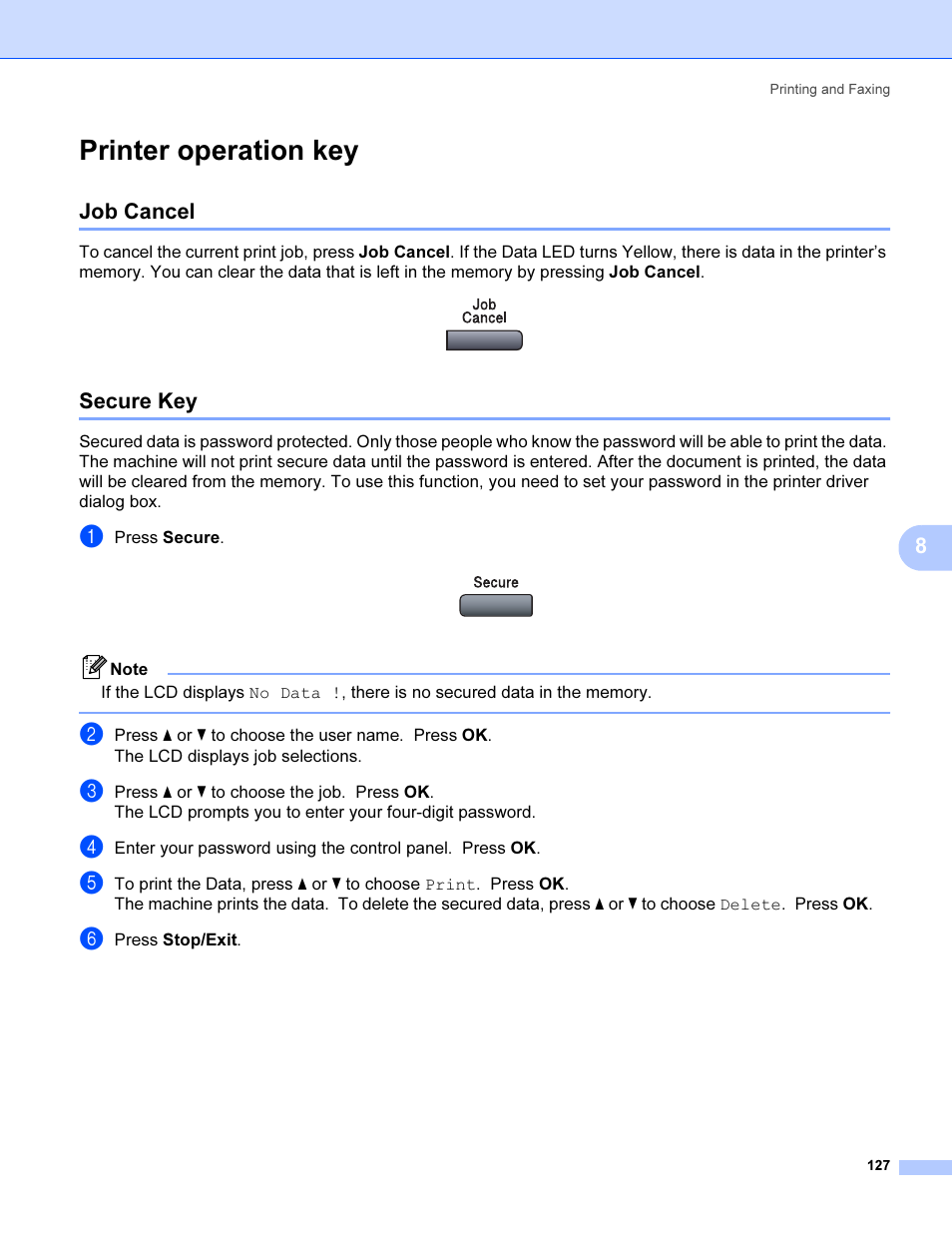 Printer operation key, Job cancel, Secure key | Job cancel secure key | Brother MFC 9840CDW User Manual | Page 134 / 221