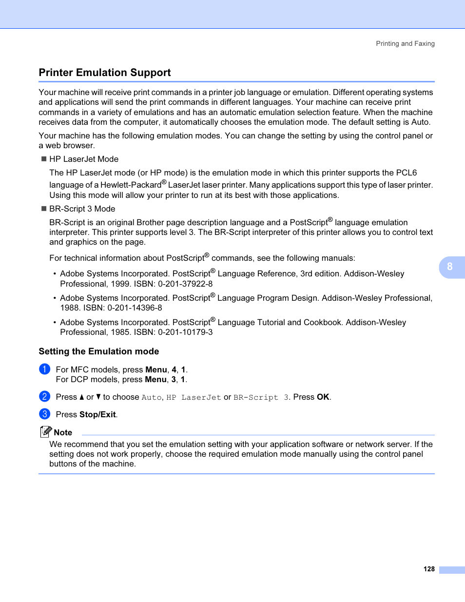 Printer emulation support, Setting the emulation mode, 8printer emulation support | Brother MFC 9840CDW User Manual | Page 135 / 221