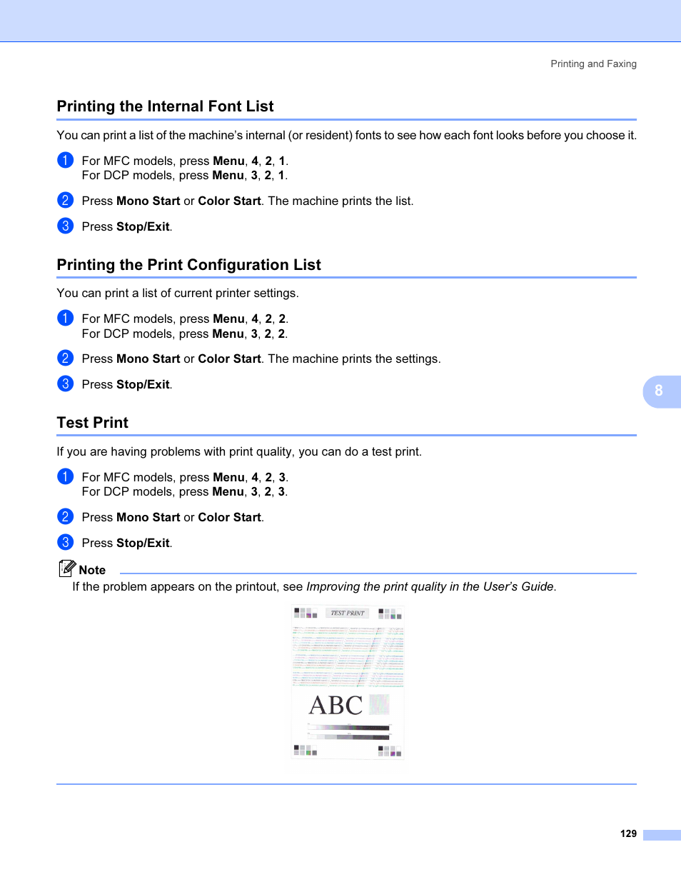 Printing the internal font list, Printing the print configuration list, Test print | 8printing the internal font list | Brother MFC 9840CDW User Manual | Page 136 / 221