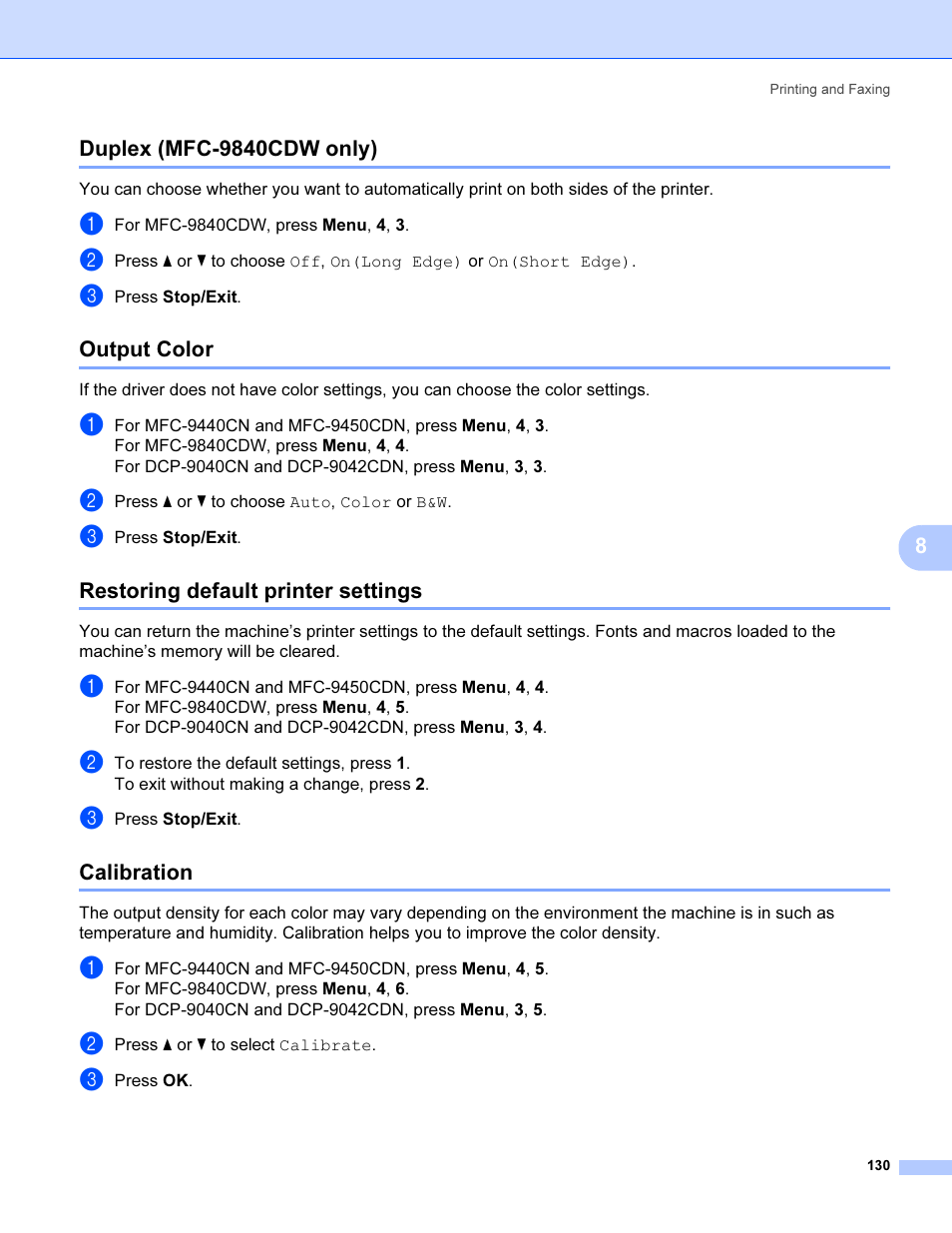 Duplex (mfc-9840cdw only), Output color, Restoring default printer settings | Calibration | Brother MFC 9840CDW User Manual | Page 137 / 221