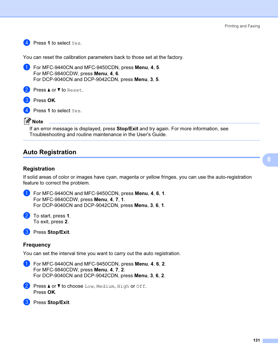 Auto registration, Registration, Frequency | Brother MFC 9840CDW User Manual | Page 138 / 221