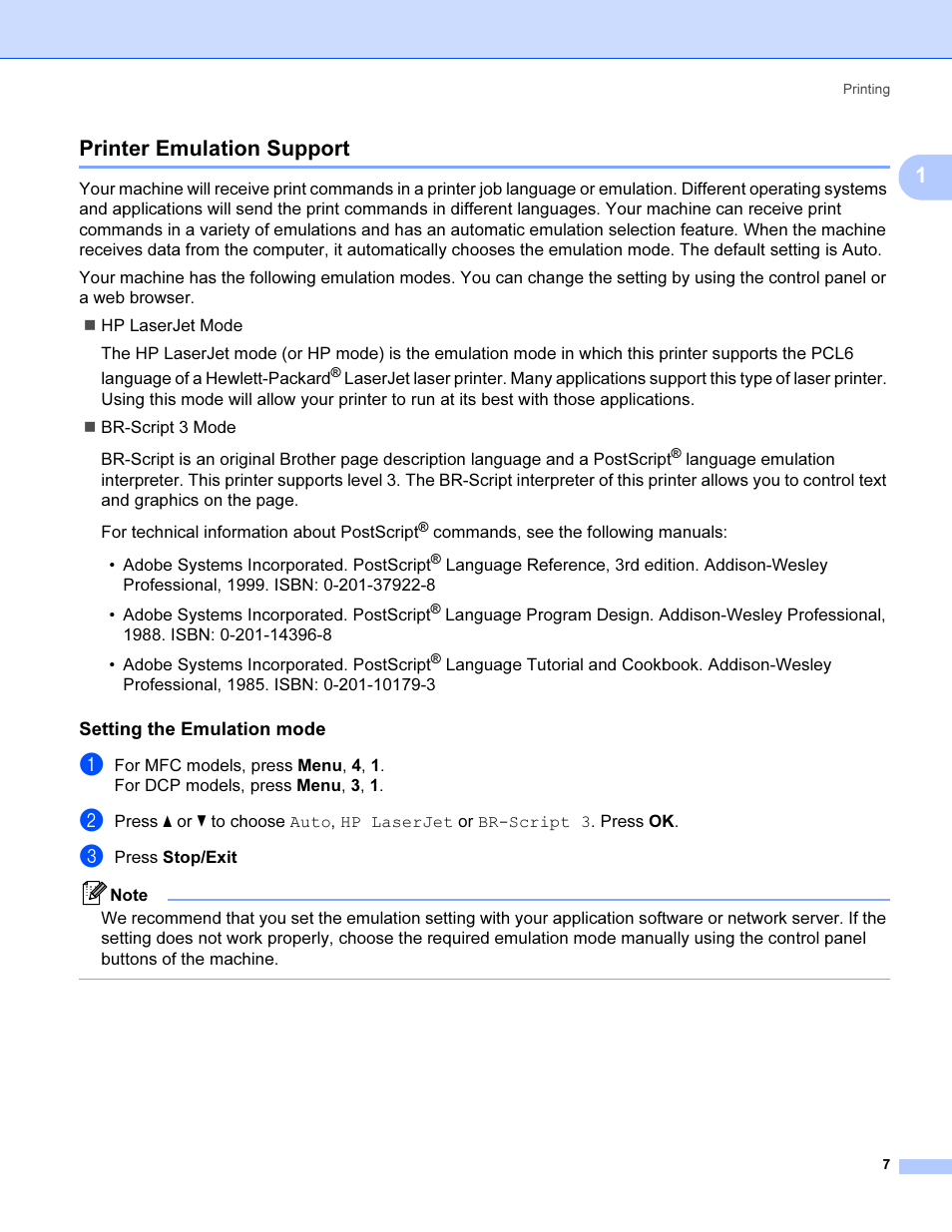 Printer emulation support, Setting the emulation mode, 1printer emulation support | Brother MFC 9840CDW User Manual | Page 14 / 221