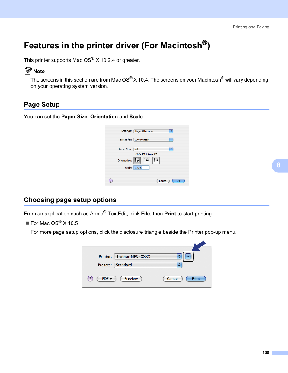 Features in the printer driver (for macintosh®), Features in the printer driver (for macintosh, Page setup | Choosing page setup options | Brother MFC 9840CDW User Manual | Page 142 / 221