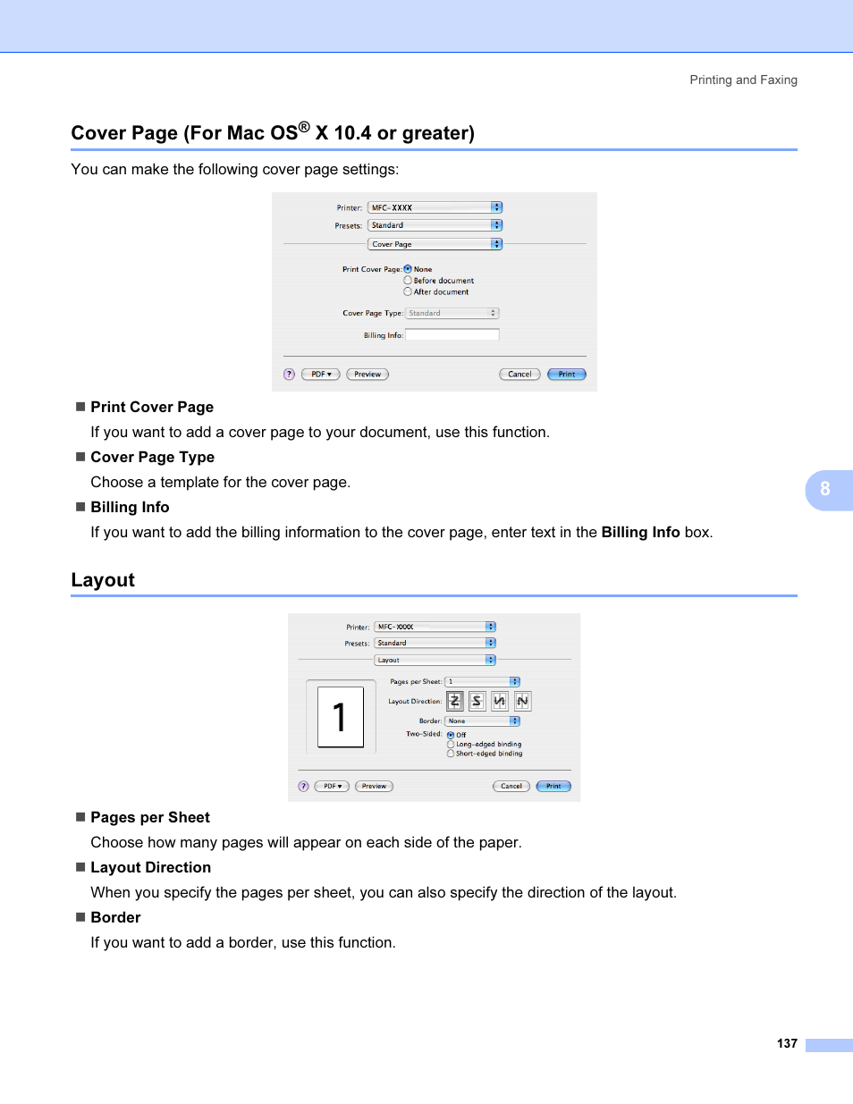Layout, X 10.4 or greater), 8cover page (for mac os | Brother MFC 9840CDW User Manual | Page 144 / 221