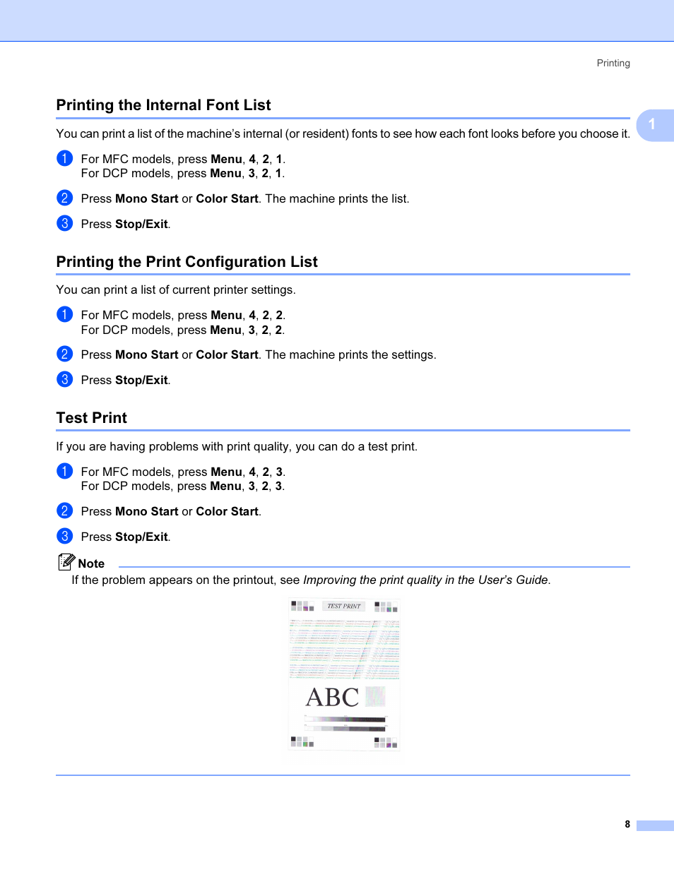 Printing the internal font list, Printing the print configuration list, Test print | 1printing the internal font list | Brother MFC 9840CDW User Manual | Page 15 / 221