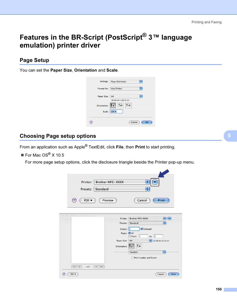 Features in the br-script (postscript, 3 ™ language emulation) printer driver, Language emulation) printer driver | Page setup, Choosing page setup options | Brother MFC 9840CDW User Manual | Page 157 / 221