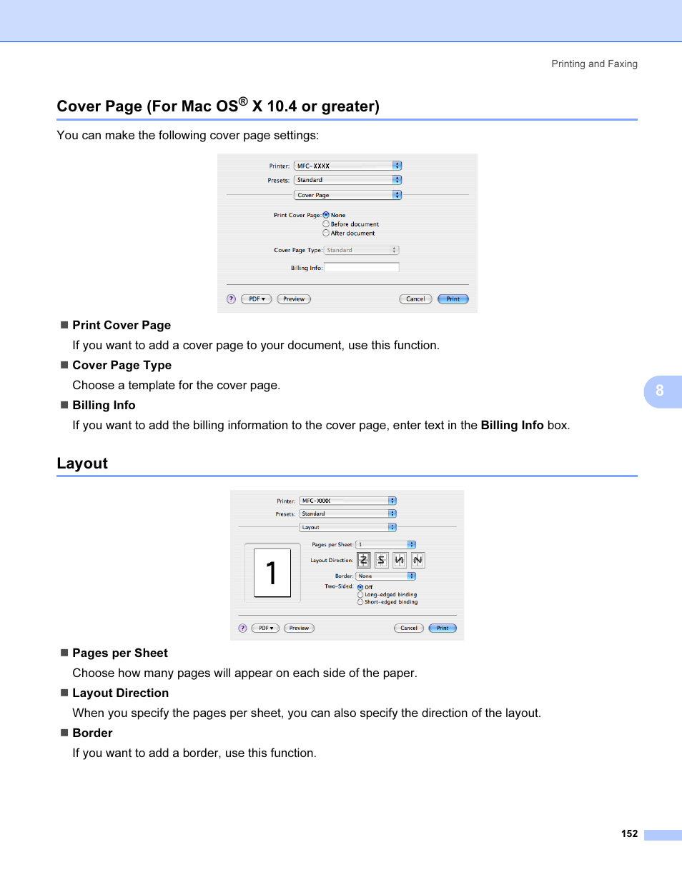 Layout, X 10.4 or greater), 8cover page (for mac os | Brother MFC 9840CDW User Manual | Page 159 / 221