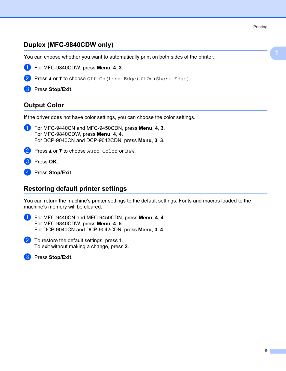 Duplex (mfc-9840cdw only), Output color, Restoring default printer settings | Brother MFC 9840CDW User Manual | Page 16 / 221