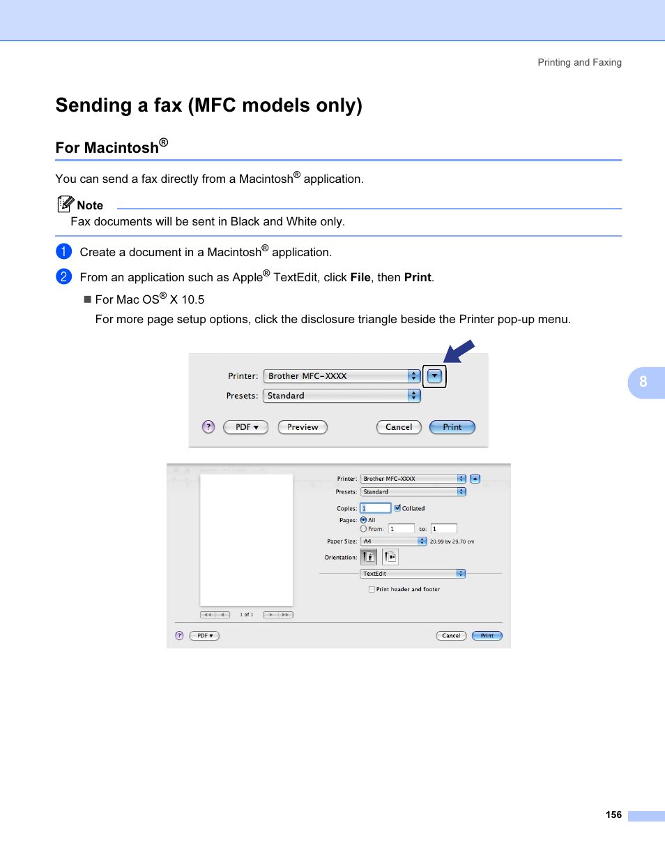 Sending a fax (mfc models only), For macintosh | Brother MFC 9840CDW User Manual | Page 163 / 221