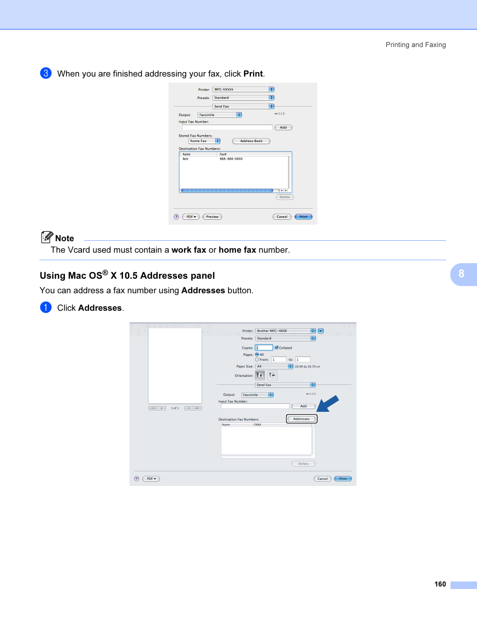 Using mac os® x 10.5 addresses panel, Using mac os, X 10.5 addresses panel | Brother MFC 9840CDW User Manual | Page 167 / 221