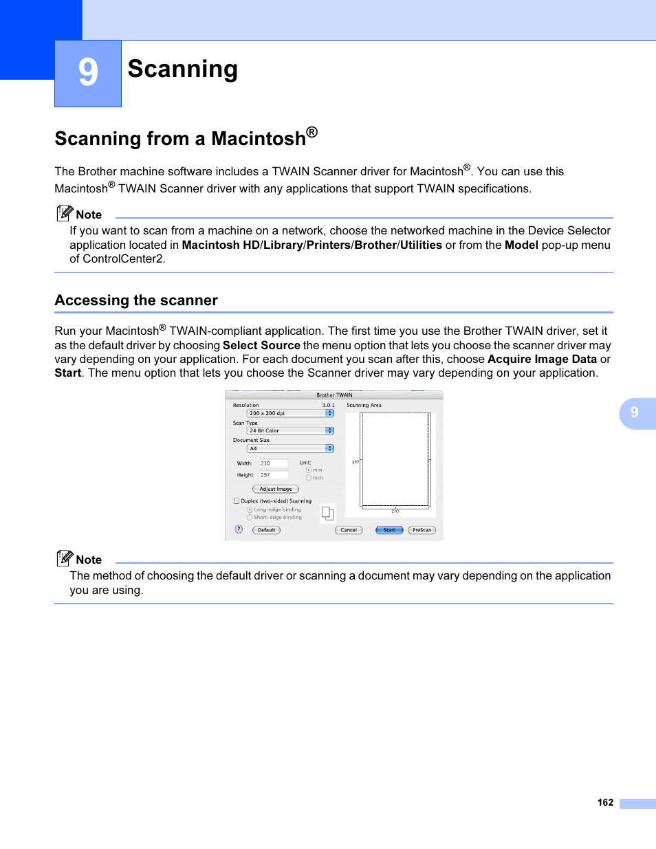 9 scanning, Scanning from a macintosh, Accessing the scanner | Scanning | Brother MFC 9840CDW User Manual | Page 169 / 221