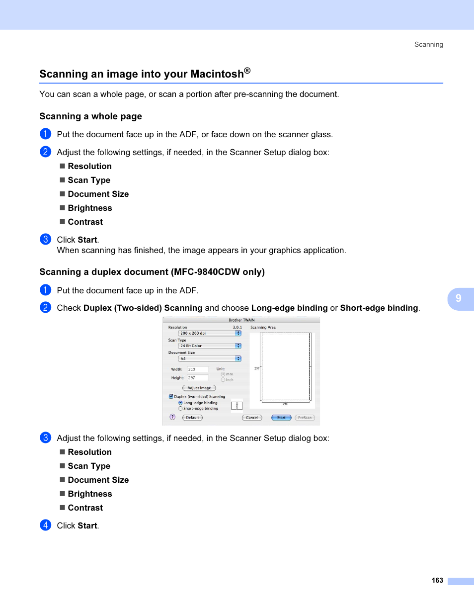 Scanning an image into your macintosh, Scanning a duplex document (mfc-9840cdw only), 9scanning an image into your macintosh | Brother MFC 9840CDW User Manual | Page 170 / 221