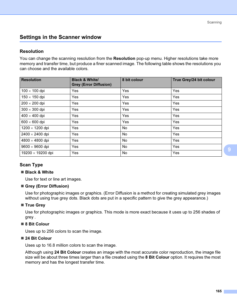 Settings in the scanner window, Resolution, Scan type | 9settings in the scanner window | Brother MFC 9840CDW User Manual | Page 172 / 221