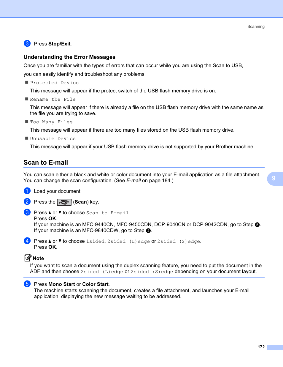 Understanding the error messages, Scan to e-mail | Brother MFC 9840CDW User Manual | Page 179 / 221