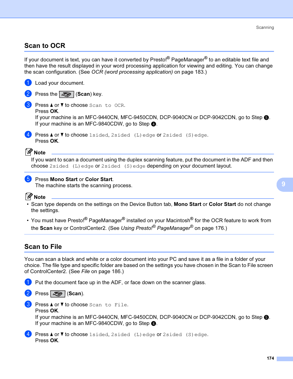 Scan to ocr, Scan to file, Scan to ocr scan to file | 9scan to ocr | Brother MFC 9840CDW User Manual | Page 181 / 221