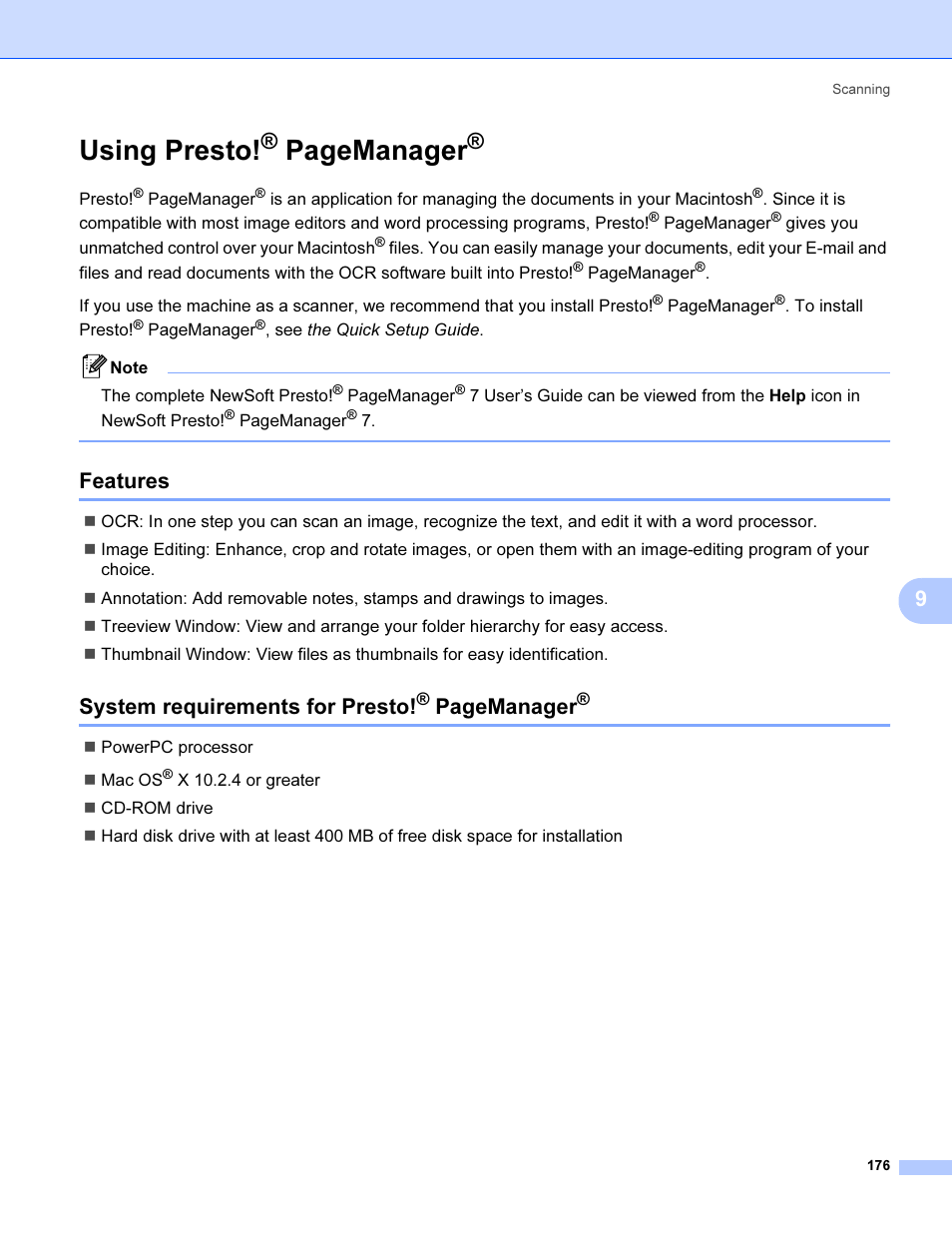 Features, Using presto, Features system requirements for presto | Pagemanager, System requirements for presto | Brother MFC 9840CDW User Manual | Page 183 / 221