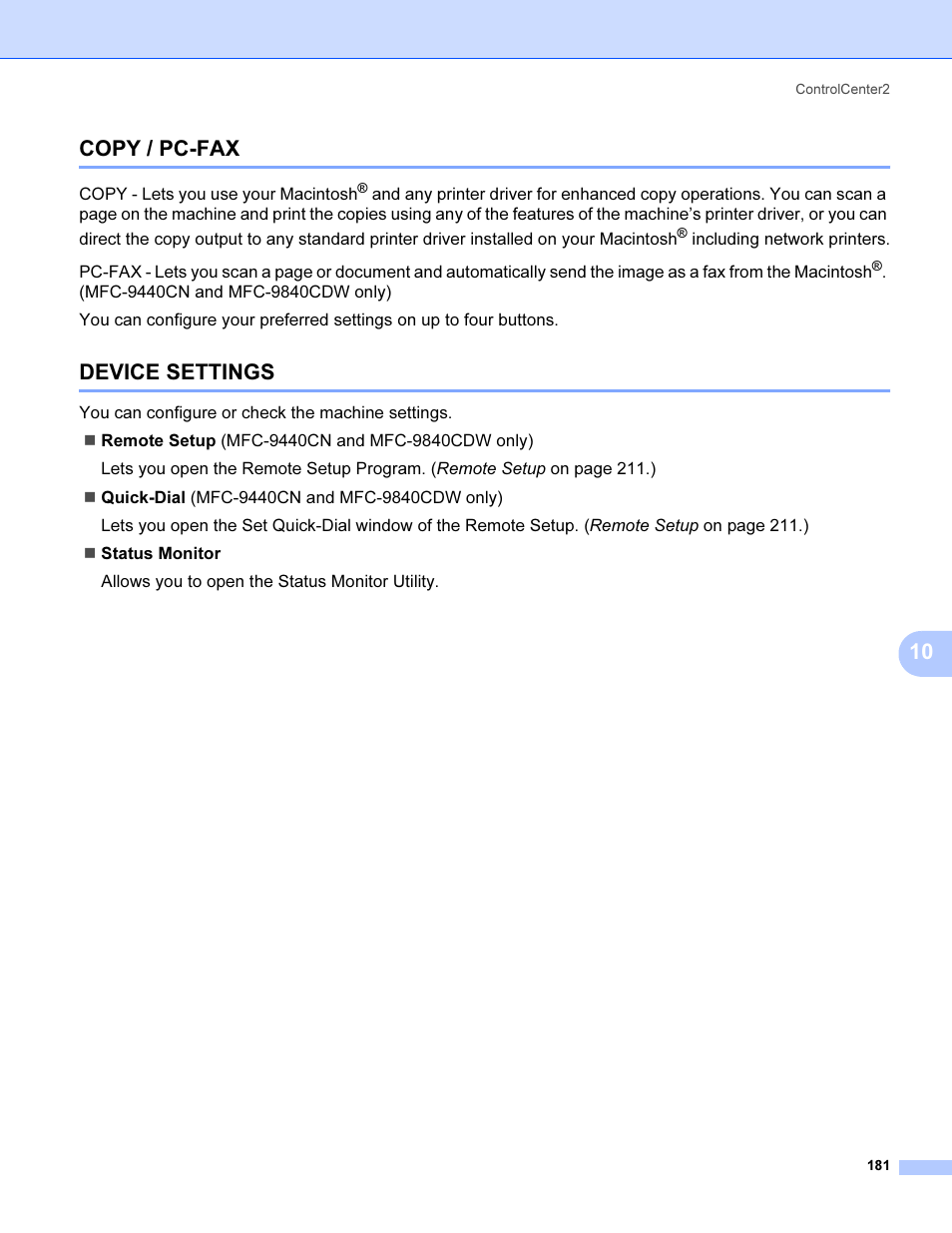 Copy / pc-fax, Device settings, Copy / pc-fax device settings | 10 copy / pc-fax | Brother MFC 9840CDW User Manual | Page 188 / 221