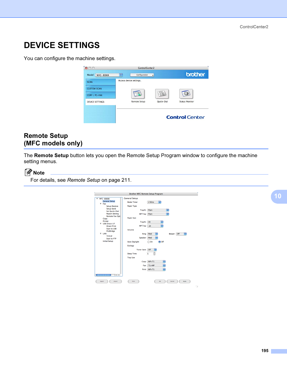 Device settings, Remote setup (mfc models only), You can configure the machine settings | Brother MFC 9840CDW User Manual | Page 202 / 221