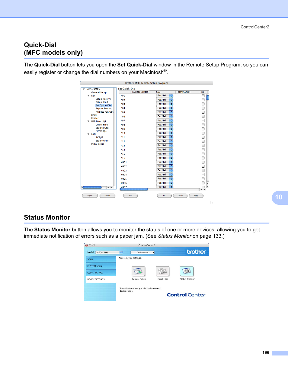 Quick-dial (mfc models only), Status monitor, Quick-dial (mfc models only) status monitor | 10 quick-dial (mfc models only) | Brother MFC 9840CDW User Manual | Page 203 / 221