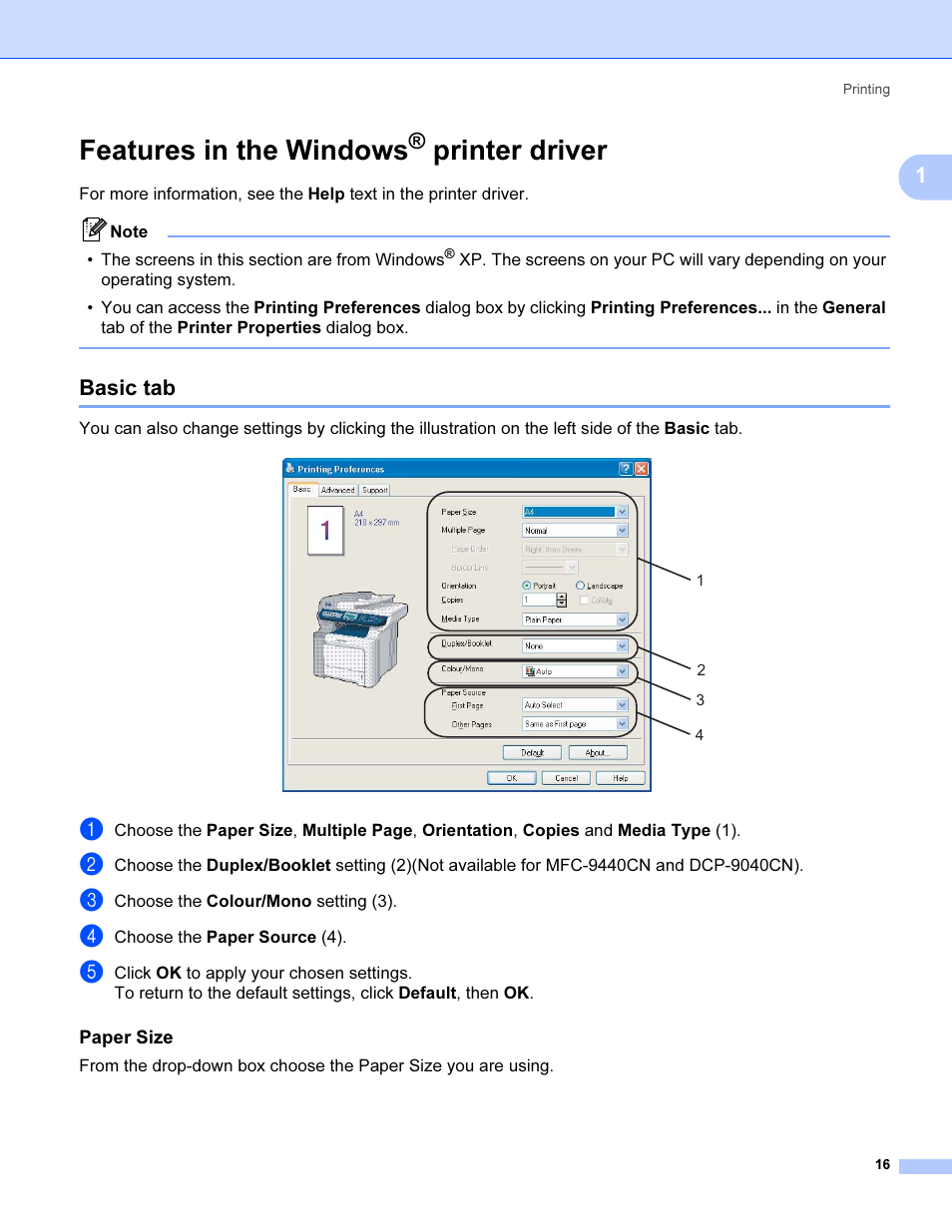 Features in the windows® printer driver, Basic tab, Paper size | Features in the windows, Printer driver | Brother MFC 9840CDW User Manual | Page 23 / 221