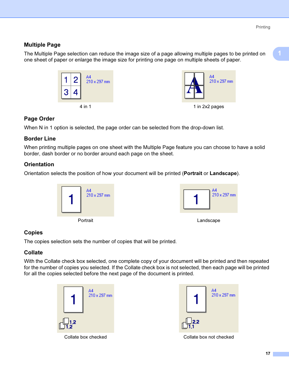 Border line, Orientation, Copies | Collate, Multiple page, Page order | Brother MFC 9840CDW User Manual | Page 24 / 221