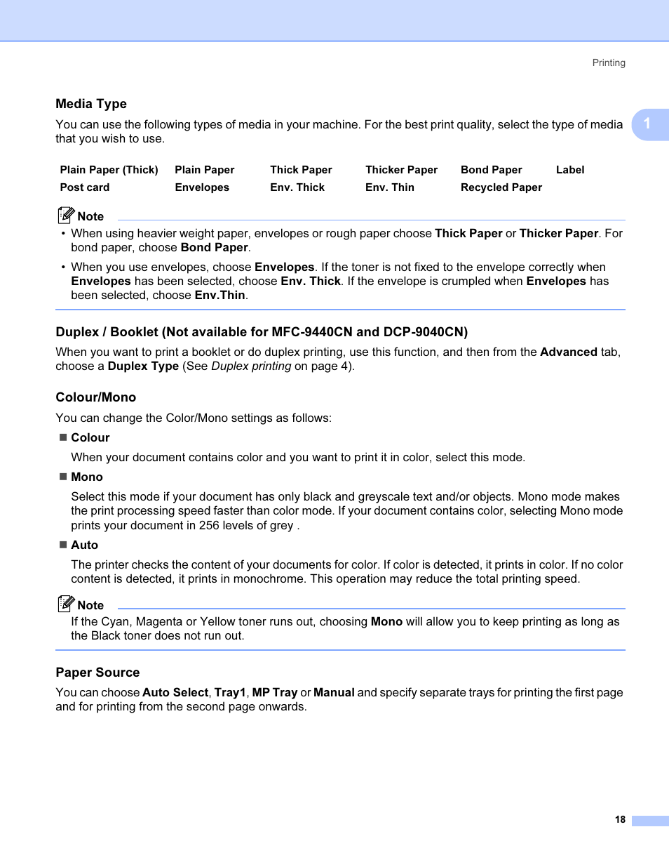 Media type, Colour/mono, Paper source | Brother MFC 9840CDW User Manual | Page 25 / 221