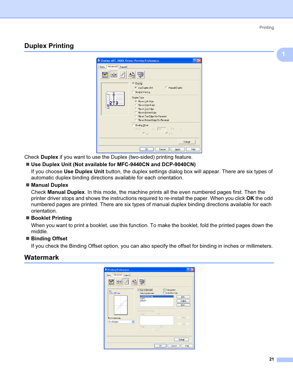 Duplex printing, Watermark, Duplex printing watermark | 1duplex printing | Brother MFC 9840CDW User Manual | Page 28 / 221