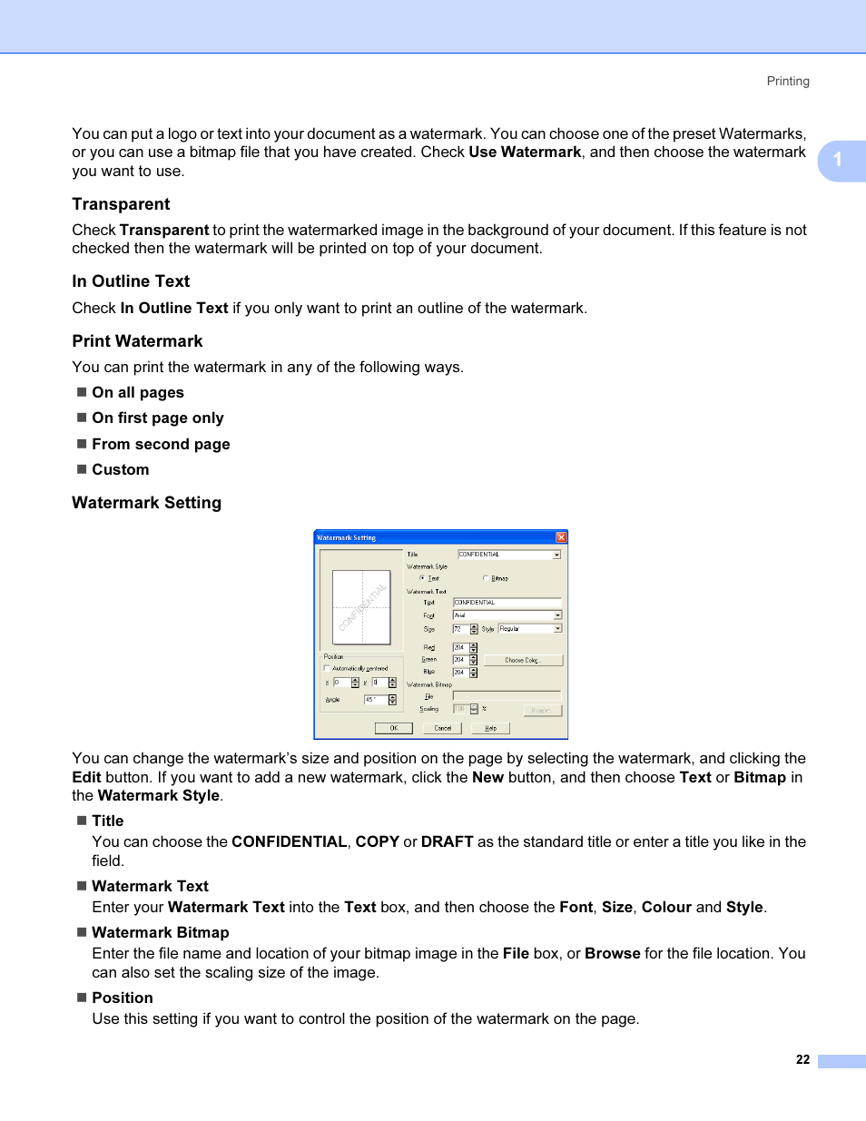 Transparent, In outline text, Print watermark | Watermark setting | Brother MFC 9840CDW User Manual | Page 29 / 221