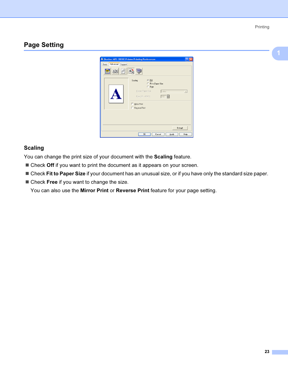 Scaling, 1page setting | Brother MFC 9840CDW User Manual | Page 30 / 221