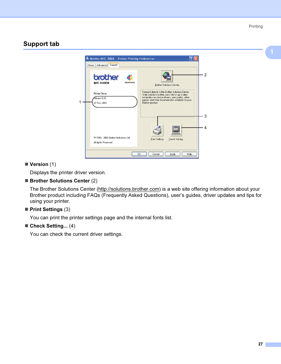 Support tab, 1support tab | Brother MFC 9840CDW User Manual | Page 34 / 221