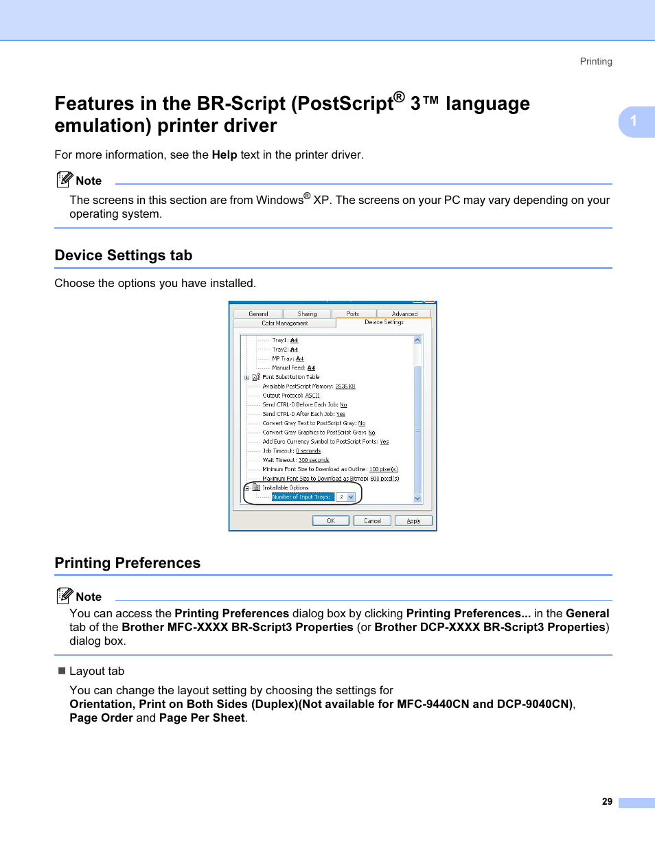 Device settings tab, Printing preferences, Features in the br-script (postscript | 3™ language emulation) printer driver, Device settings tab printing preferences | Brother MFC 9840CDW User Manual | Page 36 / 221