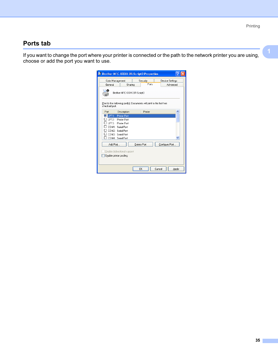 Ports tab, 1ports tab | Brother MFC 9840CDW User Manual | Page 42 / 221