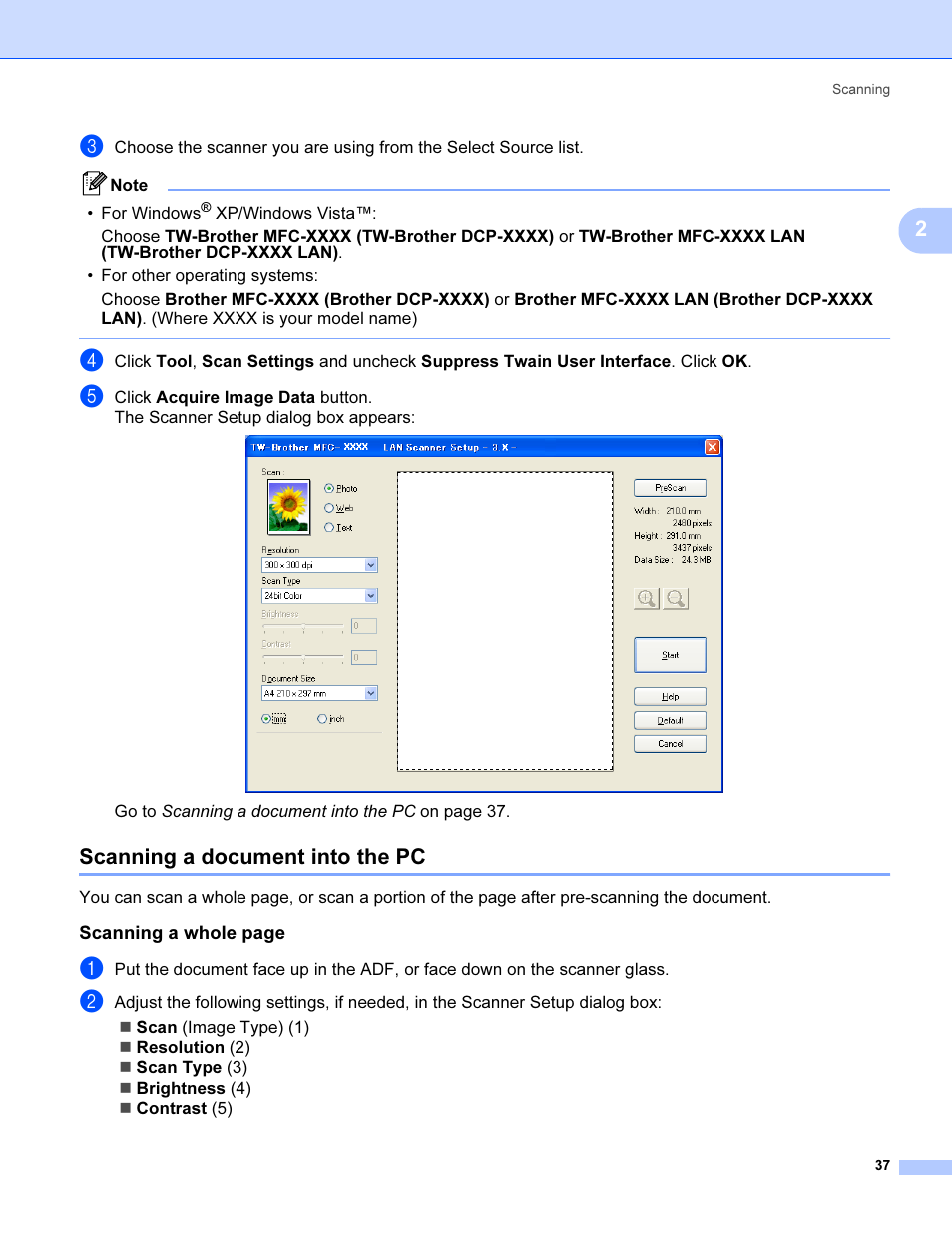 Scanning a document into the pc | Brother MFC 9840CDW User Manual | Page 44 / 221