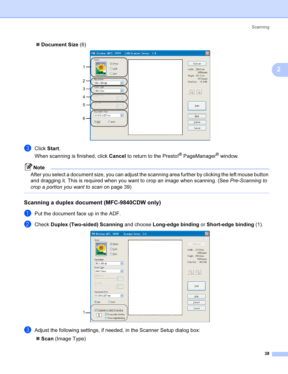 Scanning a duplex document (mfc-9840cdw only) | Brother MFC 9840CDW User Manual | Page 45 / 221