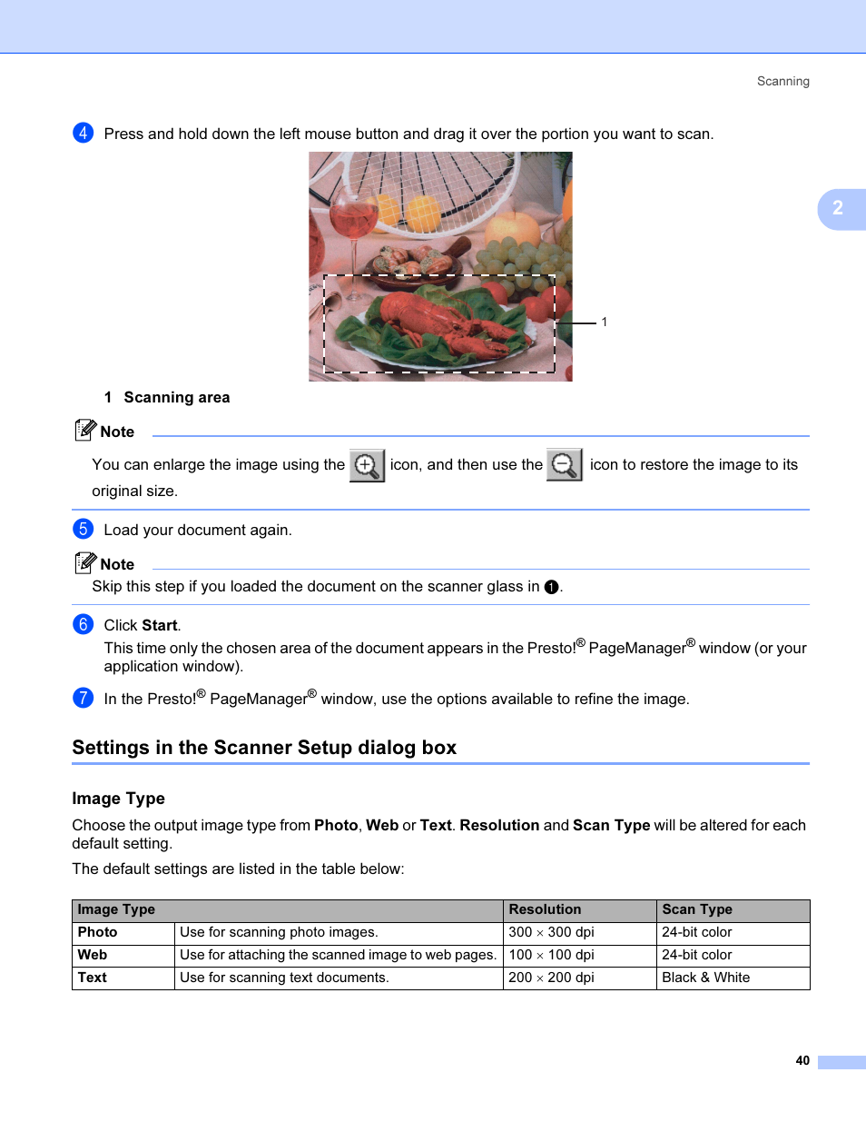 Settings in the scanner setup dialog box, Image type | Brother MFC 9840CDW User Manual | Page 47 / 221