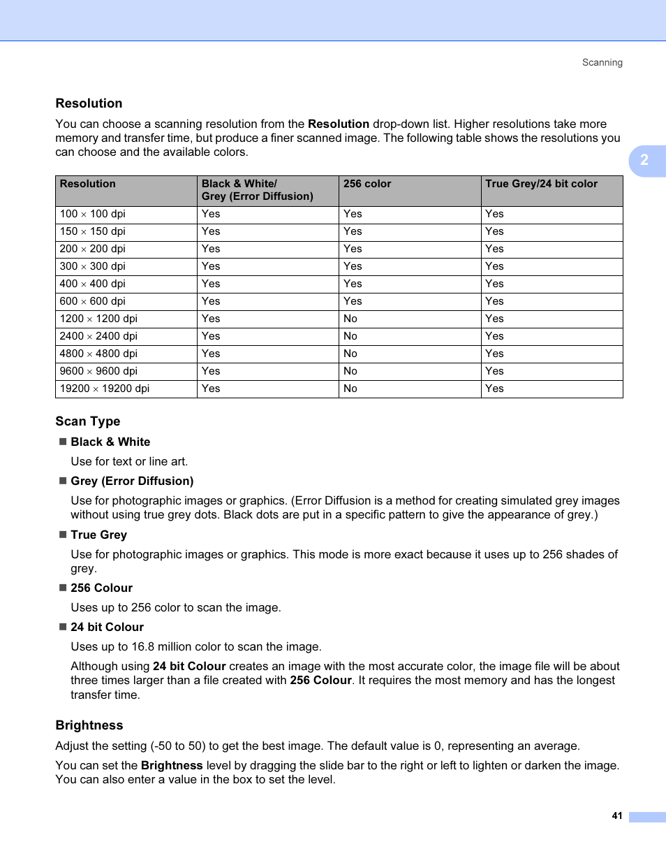 Resolution, Scan type, Brightness | Brother MFC 9840CDW User Manual | Page 48 / 221