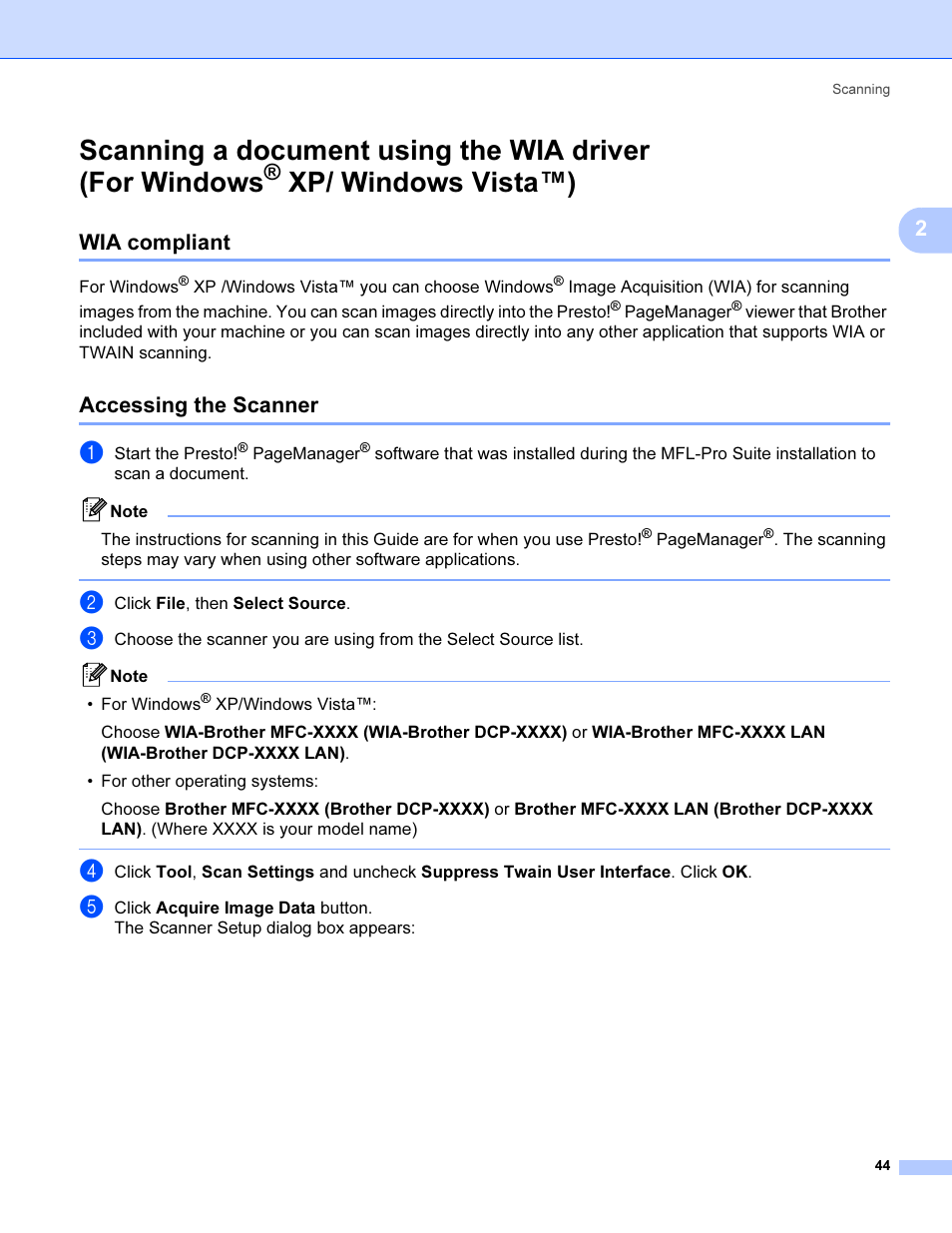 Wia compliant, Accessing the scanner, Xp/ windows vista™) | Wia compliant accessing the scanner, Scanning a, Document using the wia driver (for windows | Brother MFC 9840CDW User Manual | Page 51 / 221