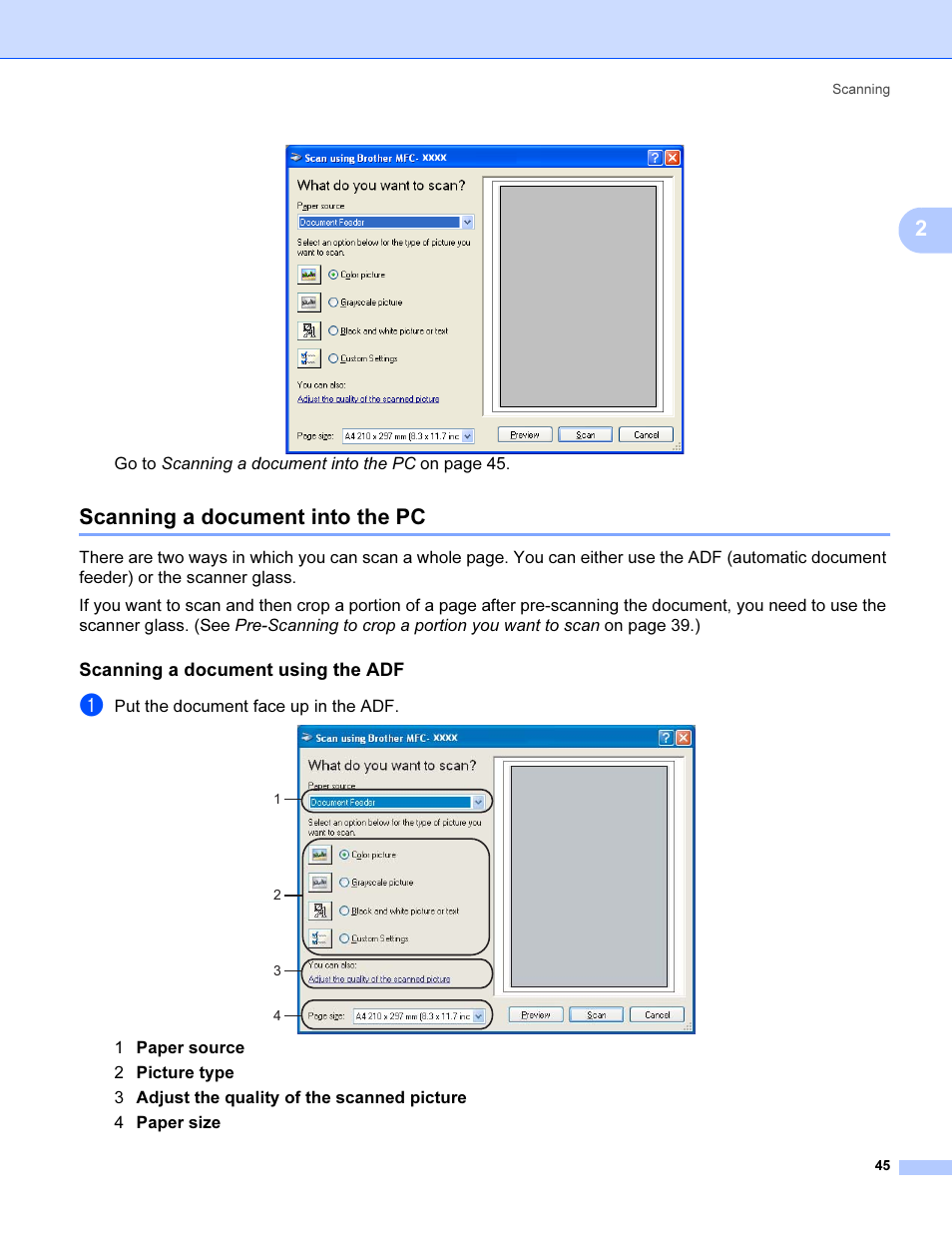Scanning a document into the pc, Scanning a document using the adf | Brother MFC 9840CDW User Manual | Page 52 / 221